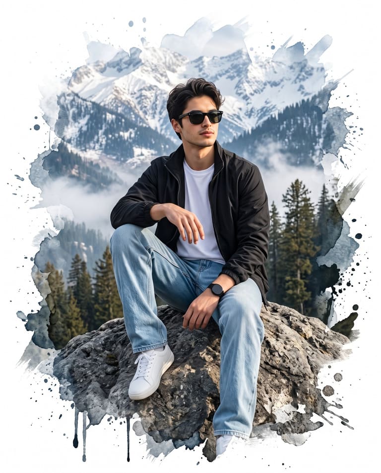 Man on Rock Mountain Splash Effect Portrait