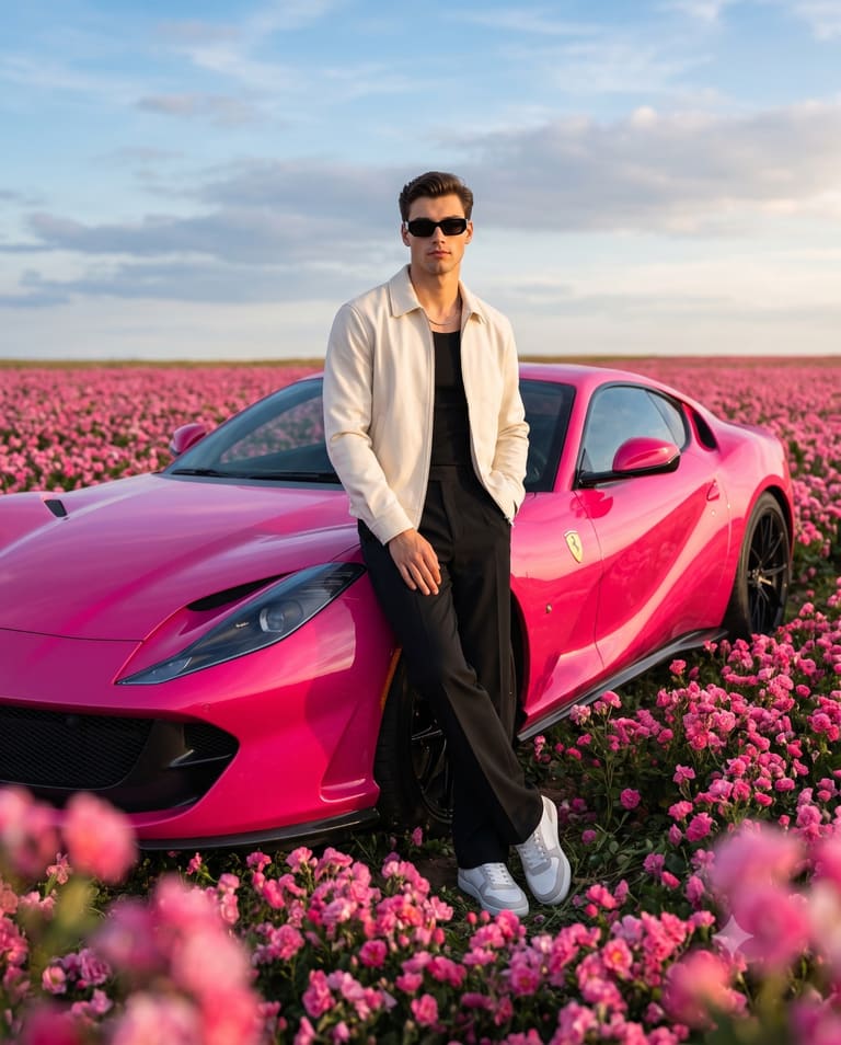 Luxury Lifestyle Portrait in a Vibrant Field of Pink Flowers