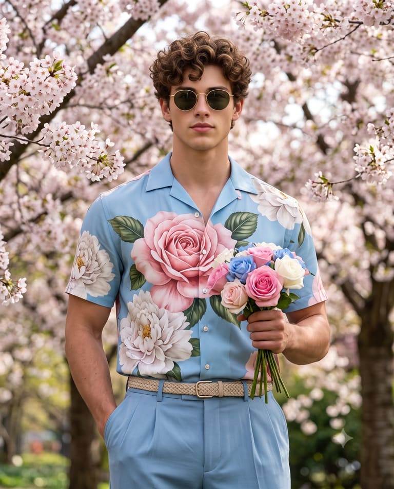 Man with Roses in a Sakura Garden
