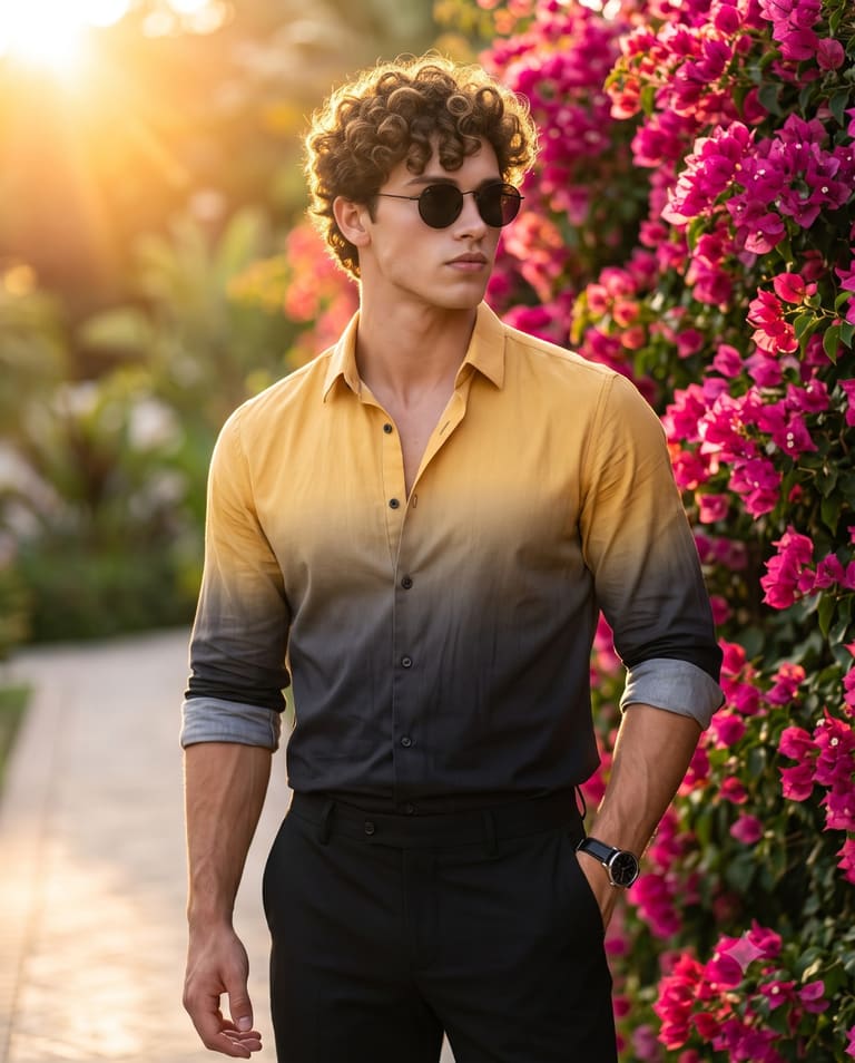 Stylish Man in a Golden Hour Flower Garden