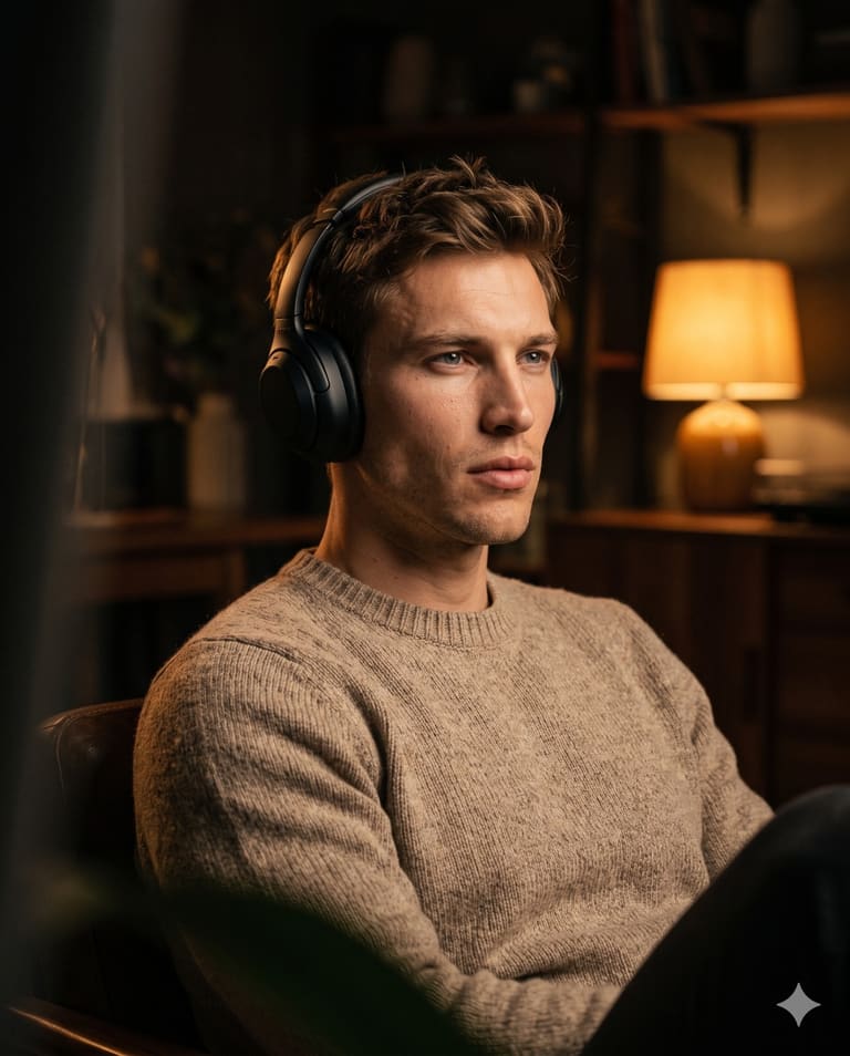 Cinematic Portrait of Man Relaxing with Music
