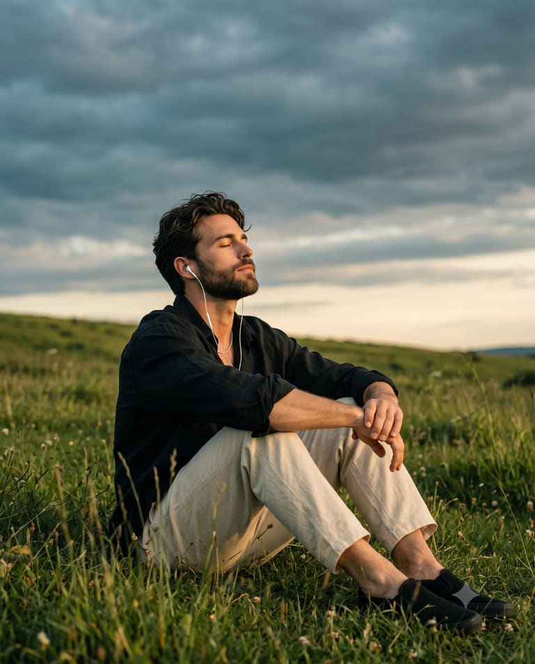 Peaceful Guy Listening to Music Outdoors