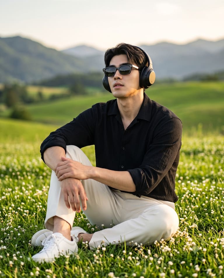 Peaceful Moment with Music in a Hilly Landscape