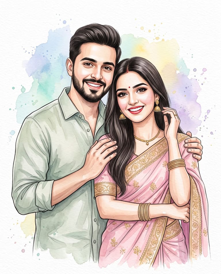Romantic Desi Couple Illustration with Floral Splash