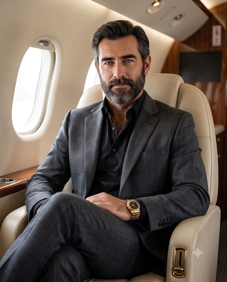 Luxury Lifestyle Man Sitting in Private Jet Portrait