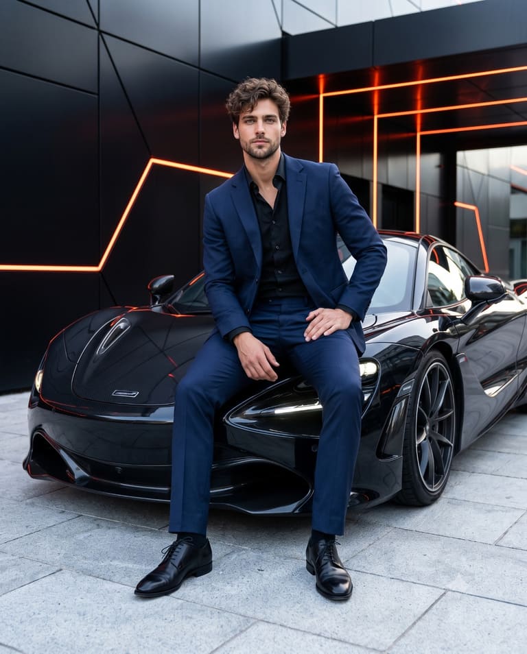 Stylish Man Sitting on Sports Car Image
