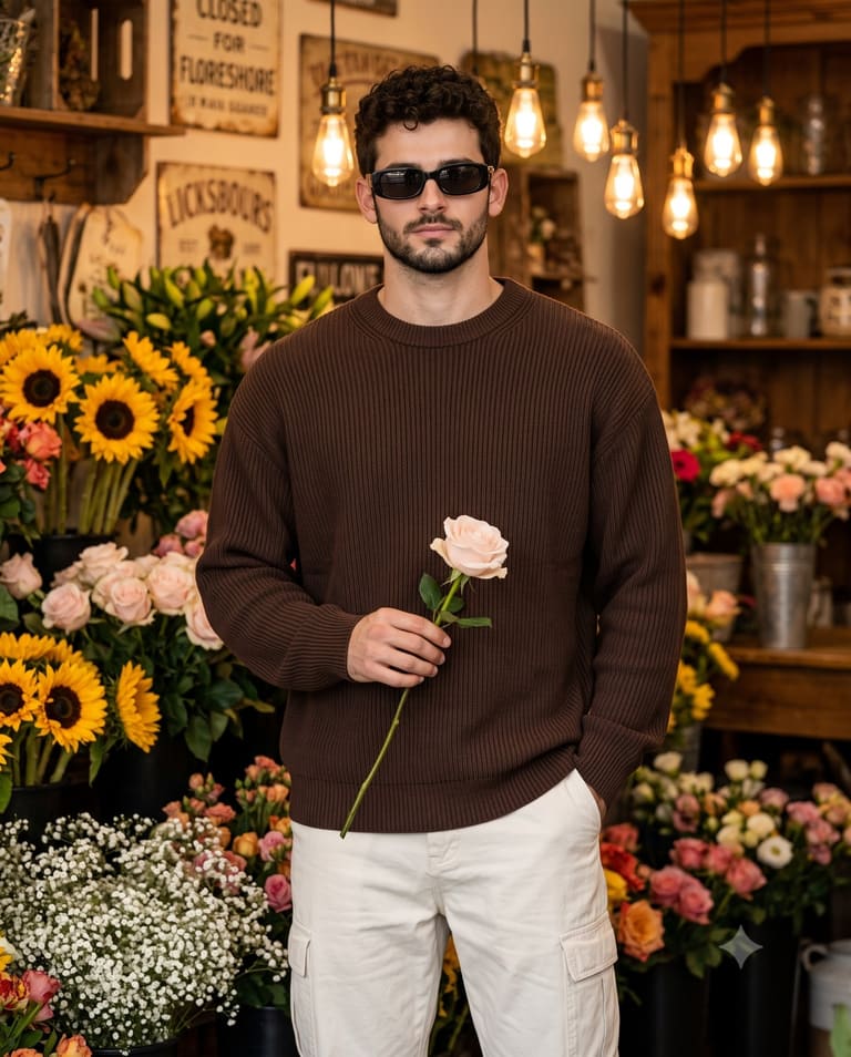 Stylish Man Holding Rose Among Sunflowers