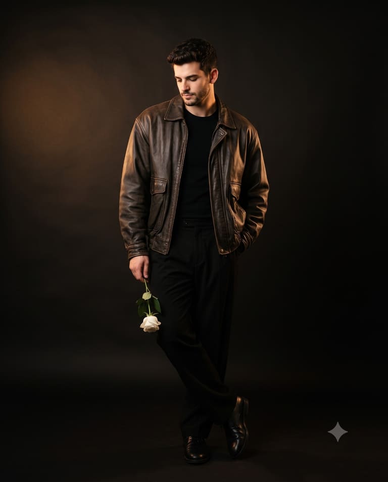 Romantic Man in Leather Jacket Holding White Rose