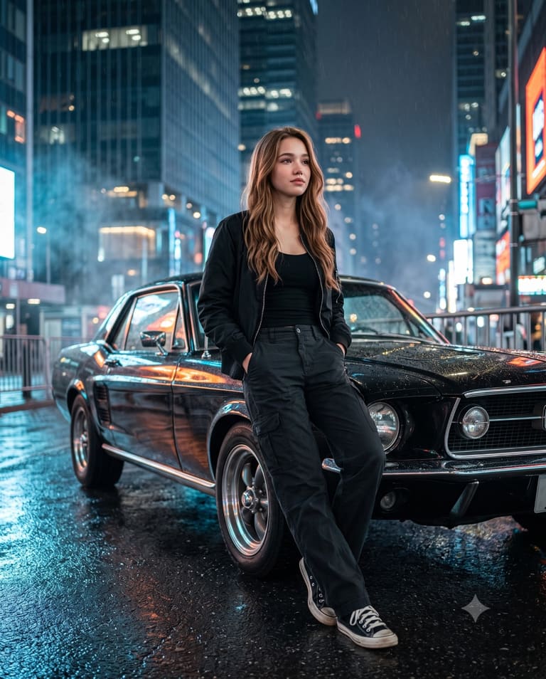 Cinematic Night Street Portrait with Classic Car