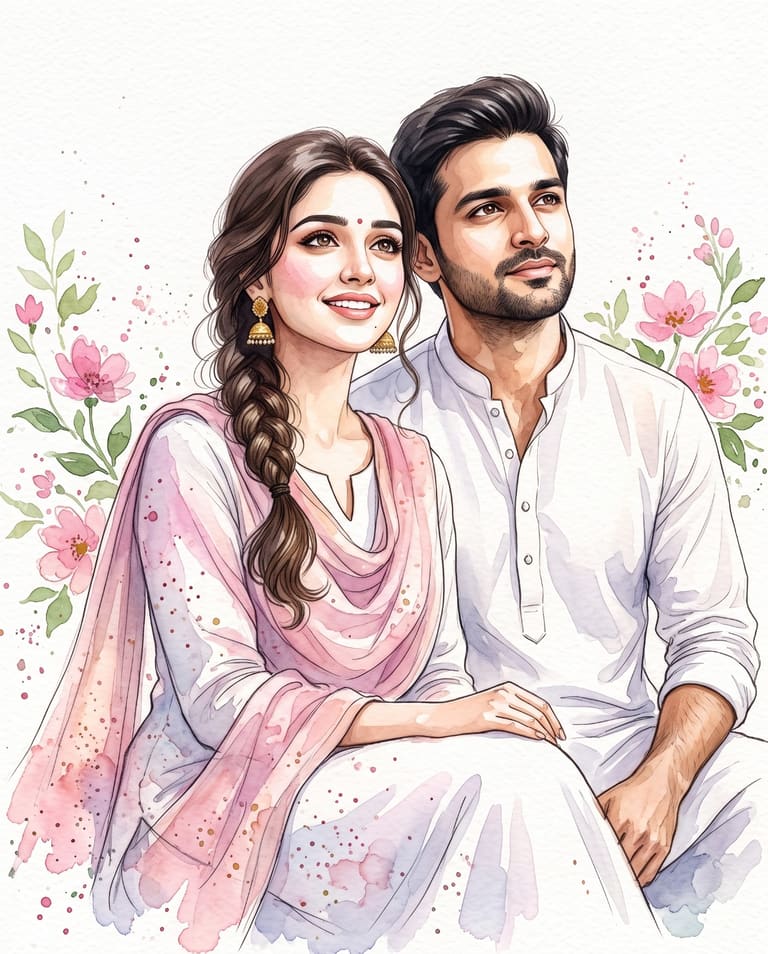 Traditional Indian Couple Watercolor Art