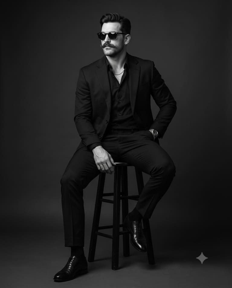 Sharp Dressed Man Sitting on a Wooden Barstool