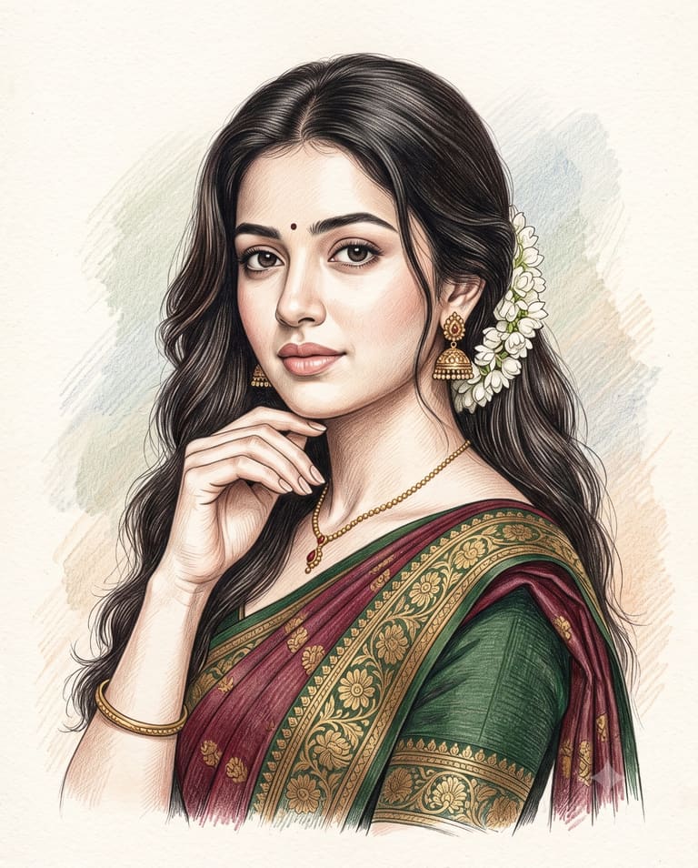 Beautiful Smiling Girl in Saree Illustration