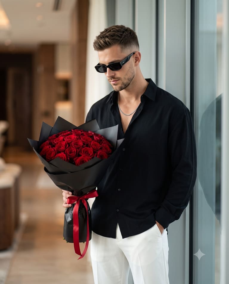 Stylish Man Holding Crimson Roses