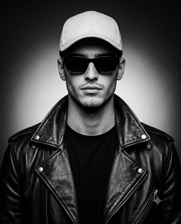 Edgy Man in Leather Jacket B&W Portrait