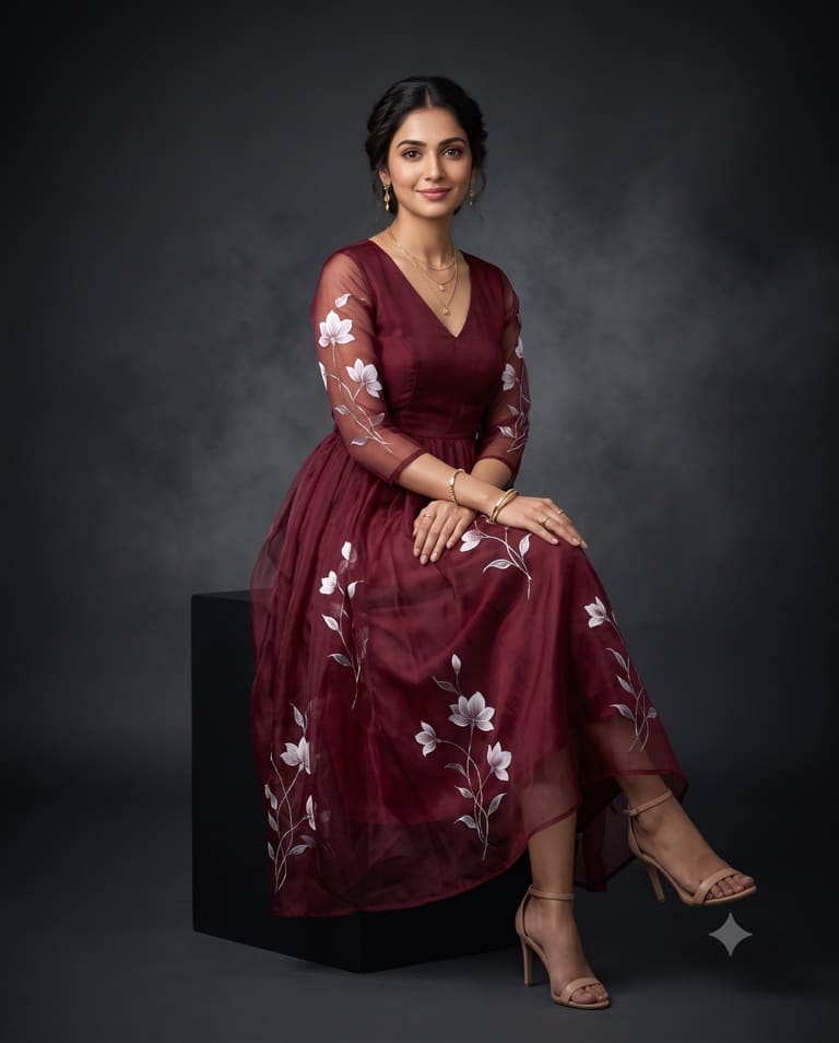 Woman in a Burgundy Floral Dress AI Image Prompt Result