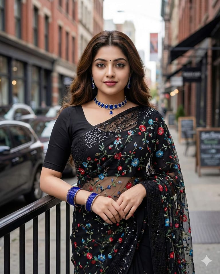 Black Saree with Floral Embroidery