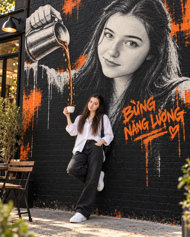 Girl Coffee Mural Street Art Illusion AI Prompt