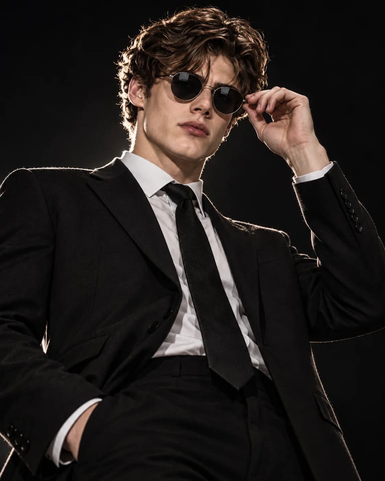 Low-Angle Cinematic Suit Portrait AI Prompt