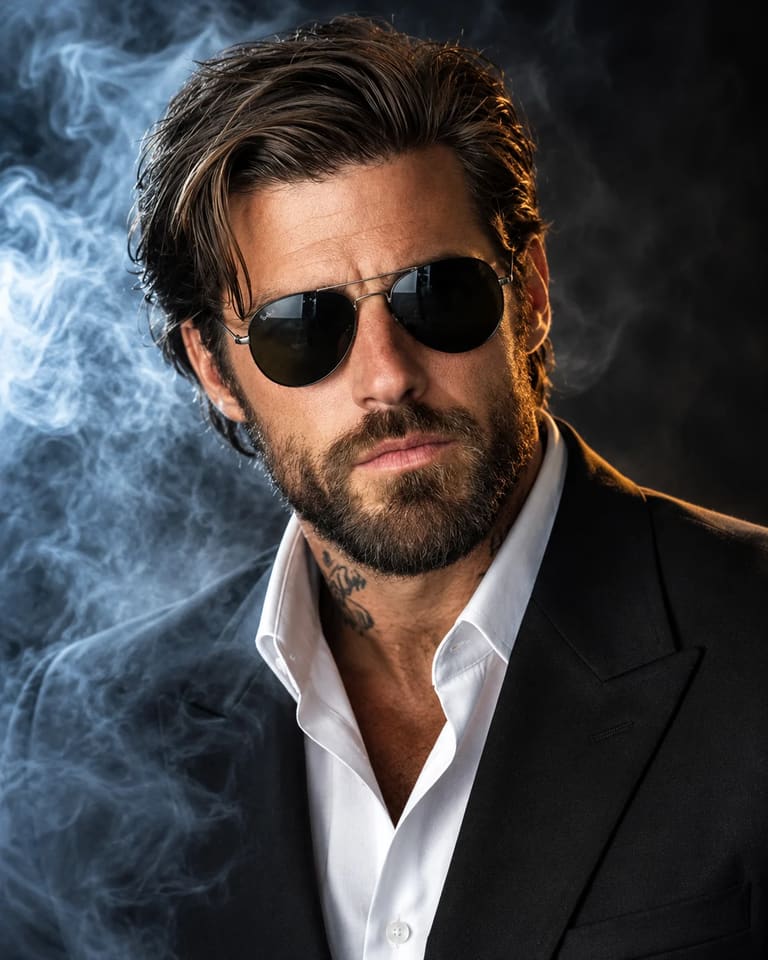 Man Black Suit Smoke Background AI Prompt