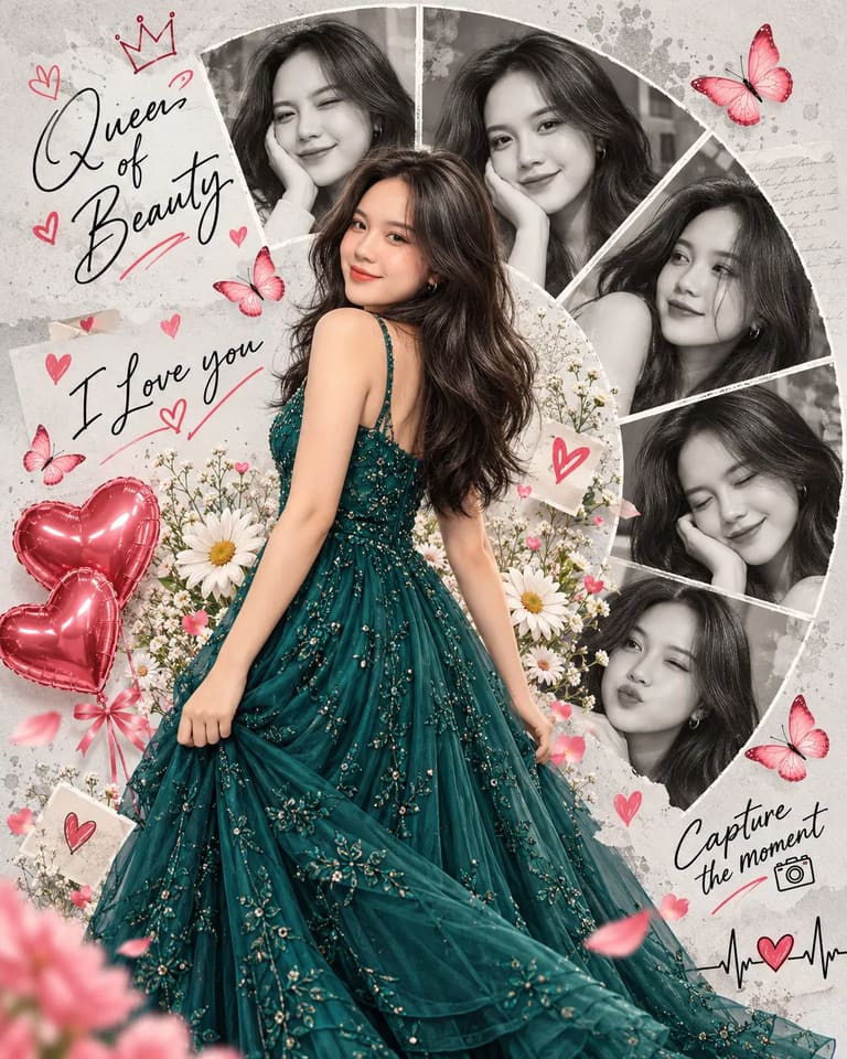 Green Gown Photo Collage AI Prompt