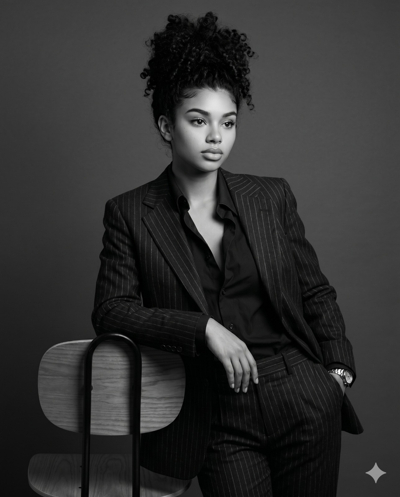 Professional Woman Studio Photography AI Prompt. AI-generated portrait of a woman in a pinstripe suit, with her curly hair up, leaning against a chair in black and white.