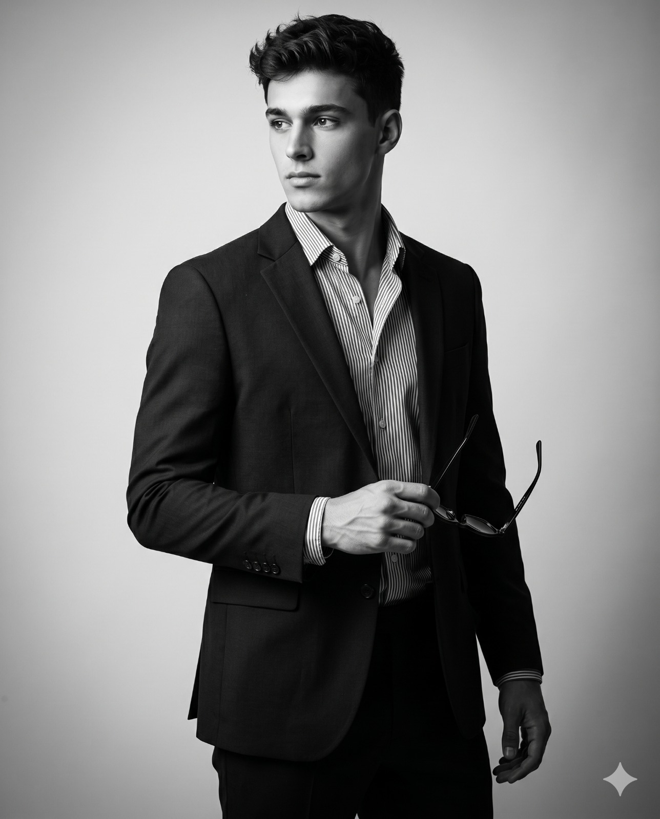 AI-generated old money aesthetic style black and white studio portrait of a young man in a dark suit and striped shirt looking away.