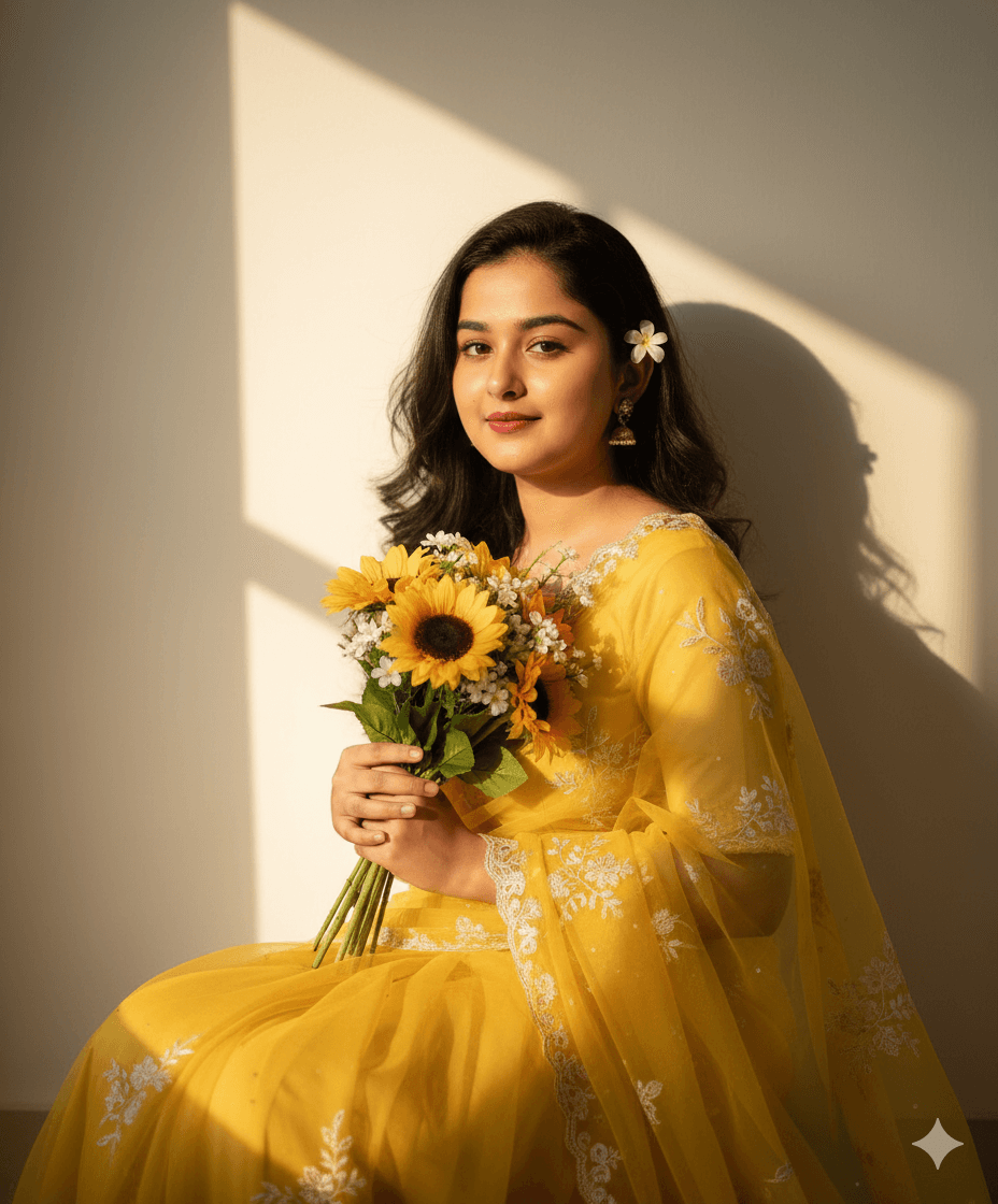 Yellow Saree with sunflowers AI Photo Editing Prompt for Gemini