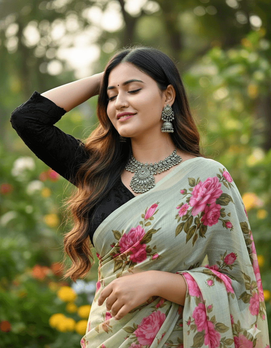 Woman in Pale Green Saree with Pink Flowers AI Image Prompt