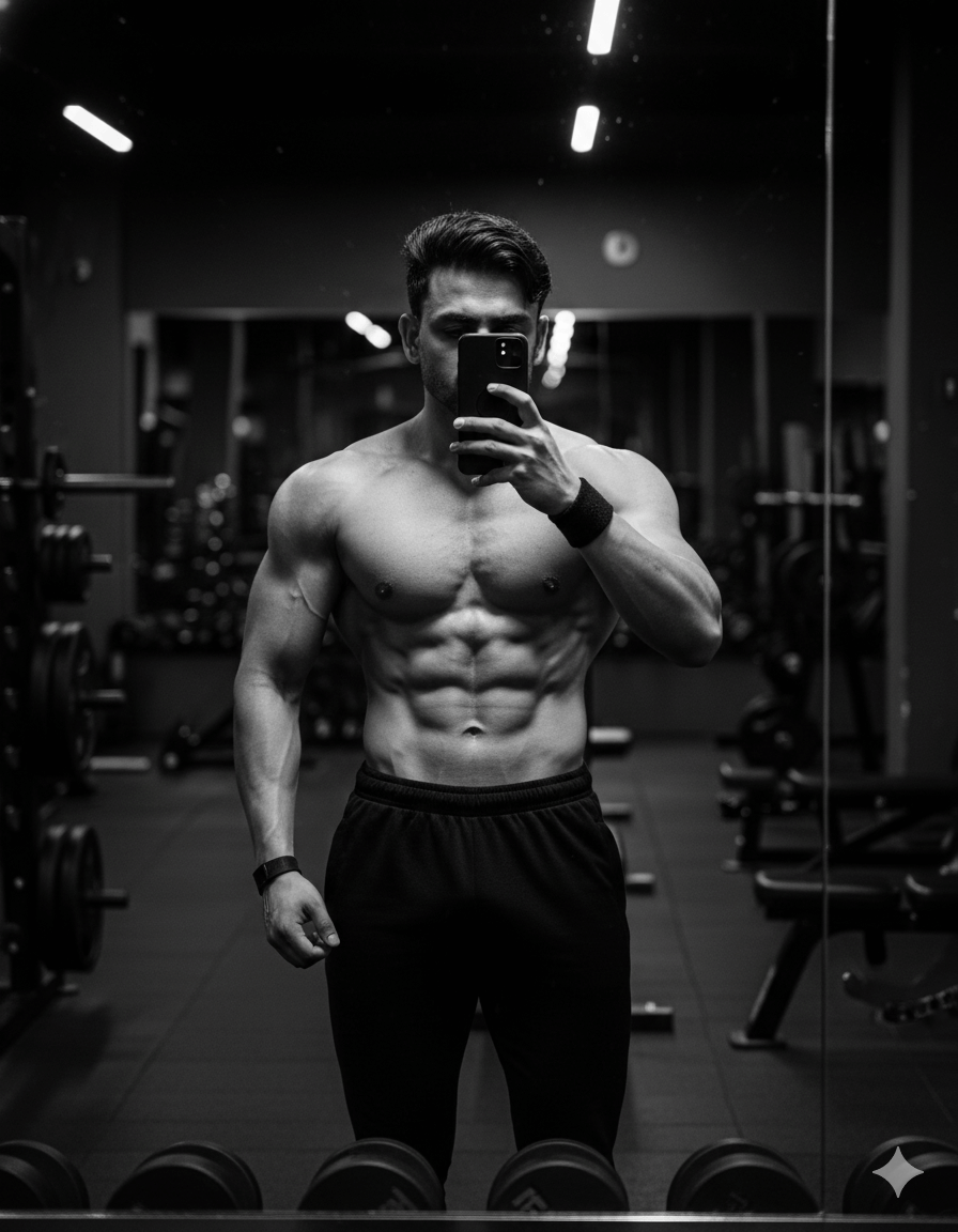 Monochrome Gym Mirror Selfie AI Prompt