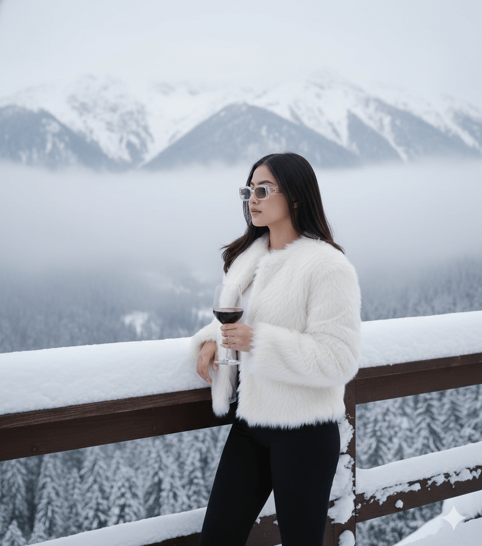 Woman enjoys snowy view AI Photo Editing Prompt for Gemini