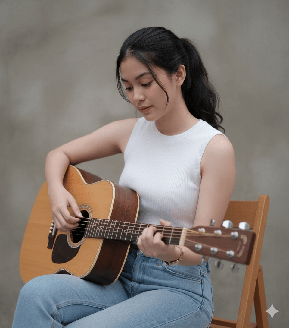 Woman plays acoustic guitar AI Photo Editing Prompt for Gemini