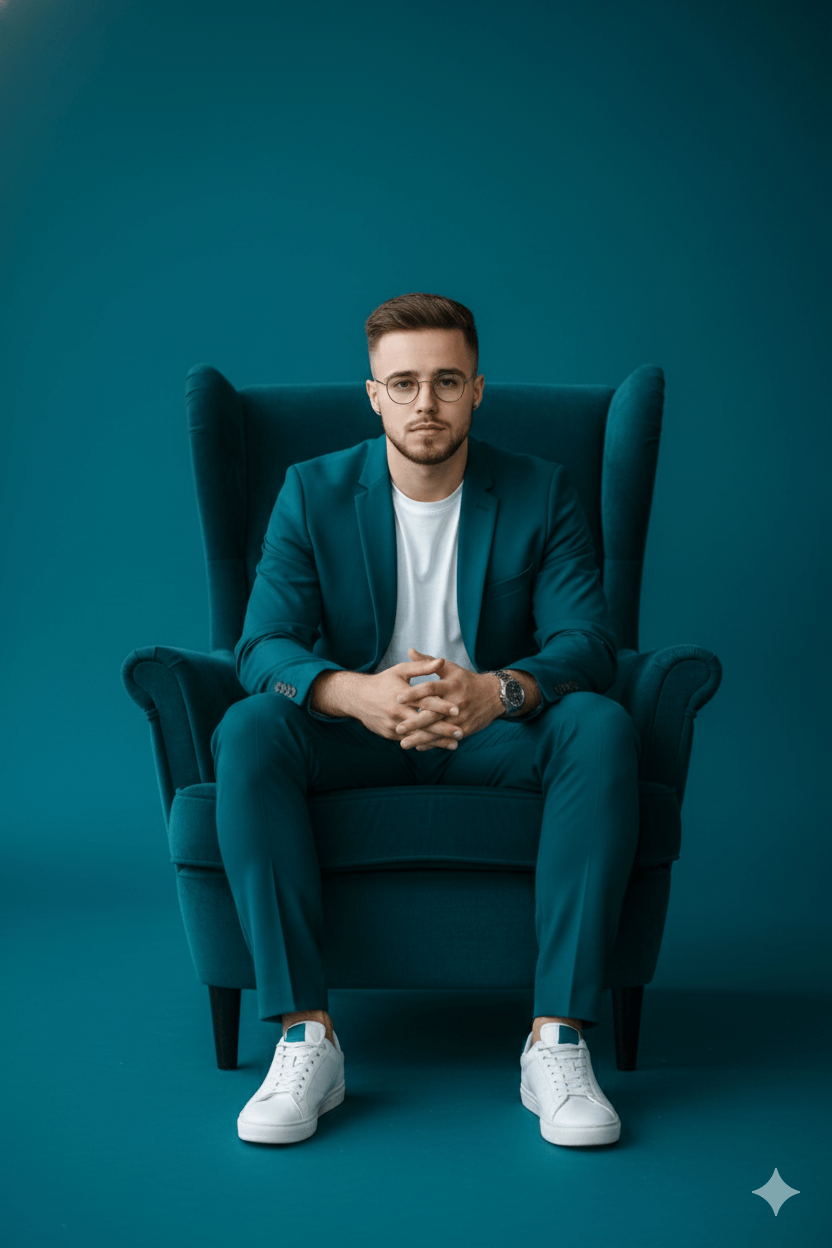 Confident, stylish, seated portrait AI Photo Editing Prompt for Gemini