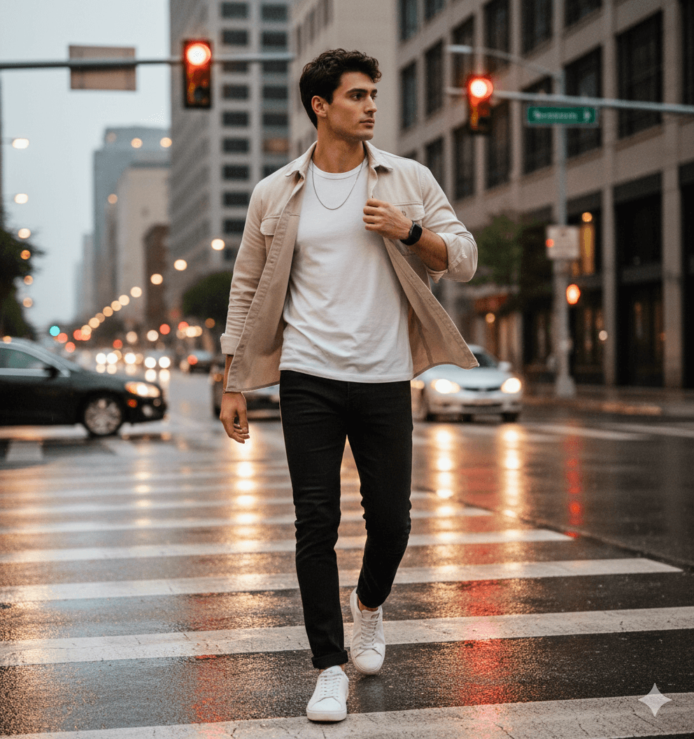 Stylish man walking city street AI Photo Editing Prompt for Gemini