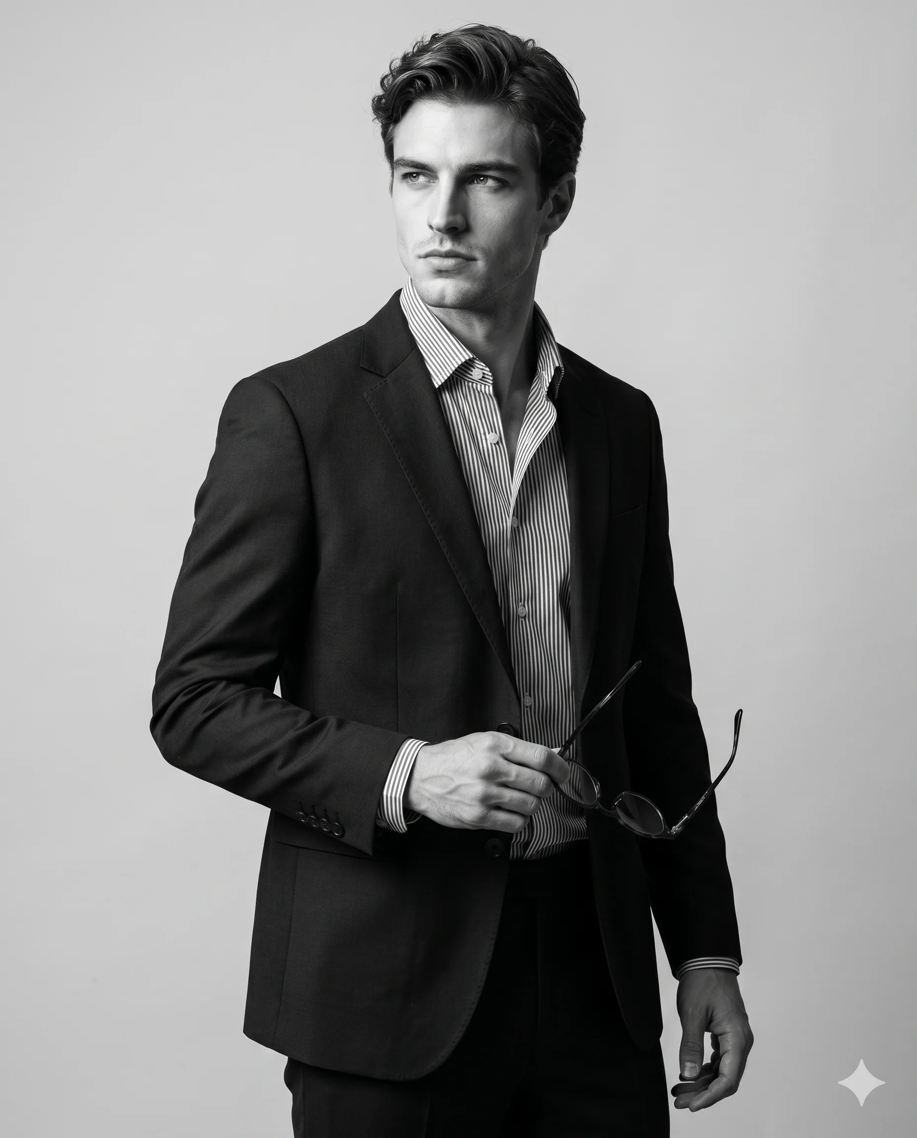 Man Fashion Editorial Prompt. AI-generated black and white studio portrait of a handsome man in a dark suit and striped shirt, looking away while holding eyeglasses.