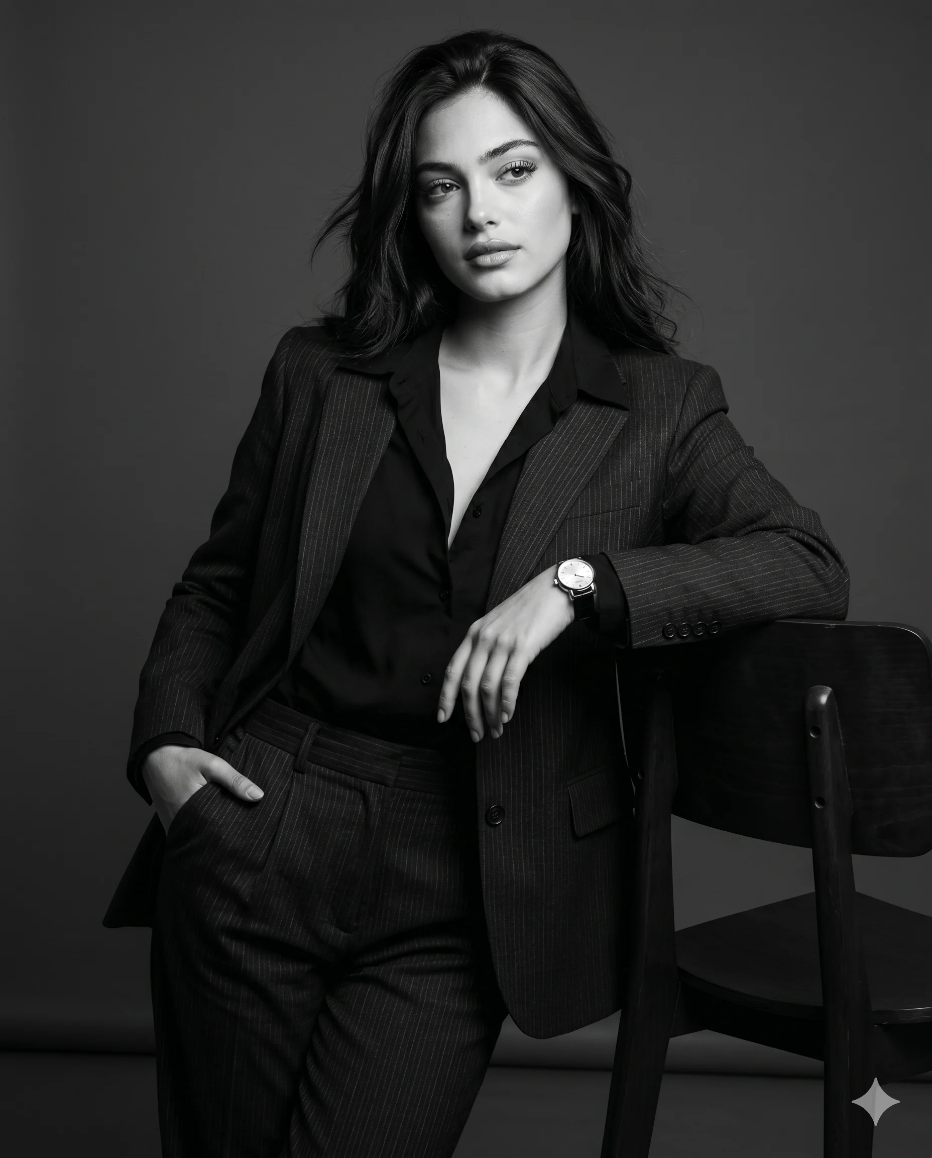 Woman Professional Portrait Prompt. AI-generated monochrome studio portrait of an elegant professional woman in a dark pinstripe suit leaning on a wooden chair.