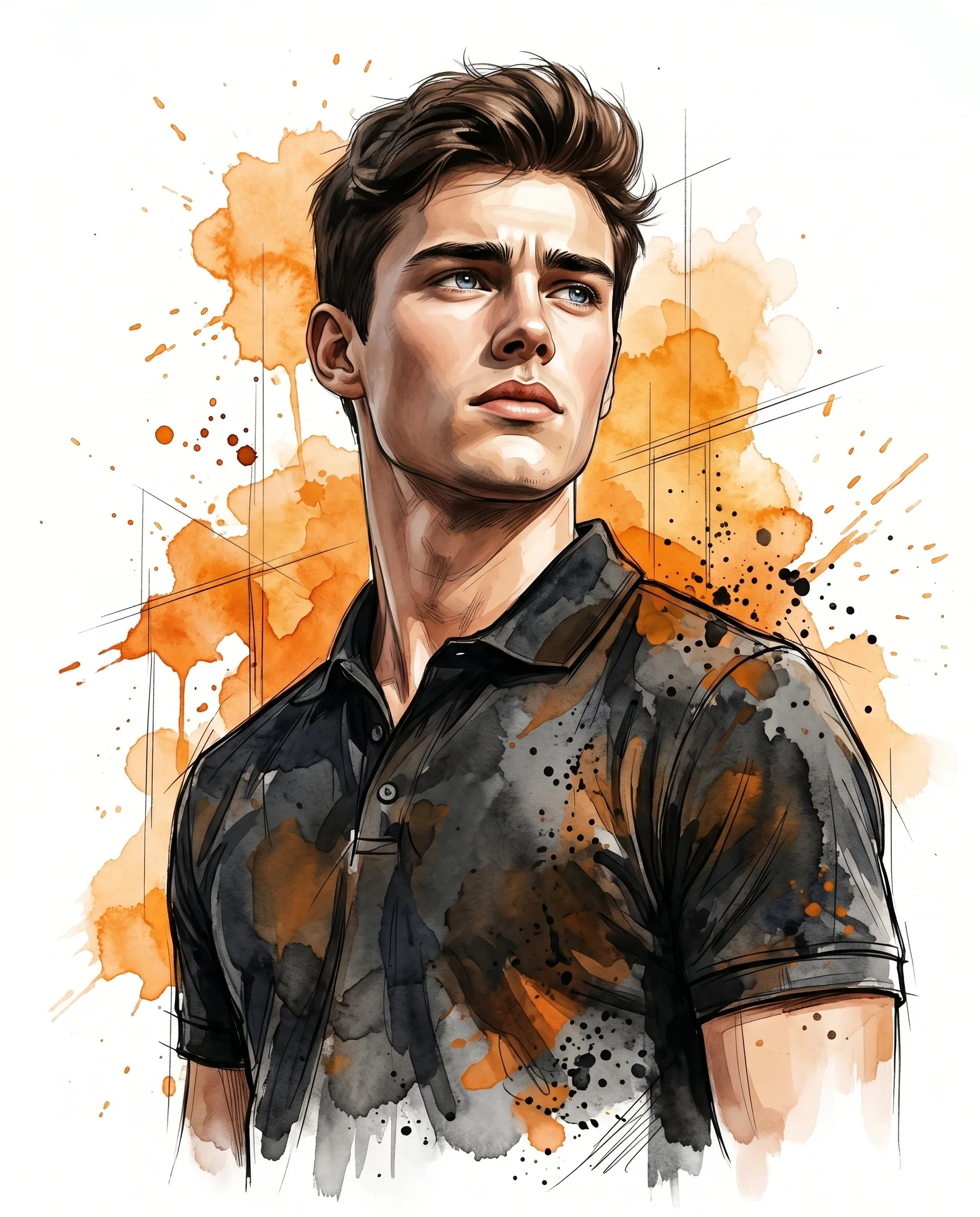 Mixed Media Art Sketch AI Prompt. AI generated digital illustration of a young man in a black polo shirt surrounded by vibrant orange watercolor splashes and sketch lines.