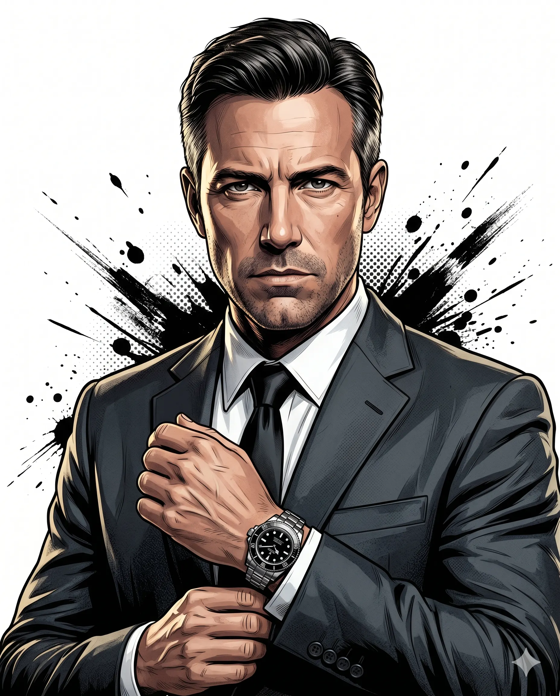 Secret Agent Illustration AI Photo Editing Prompt. AI generated digital illustration of a stern man in a black suit and tie adjusting a wristwatch cuff against a splatter background.