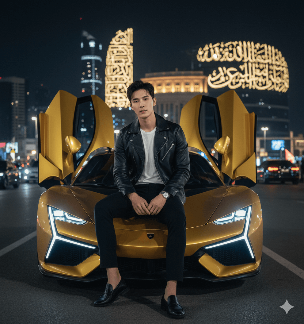 Stylish man with golden supercar AI Photo Editing Prompt for Gemini