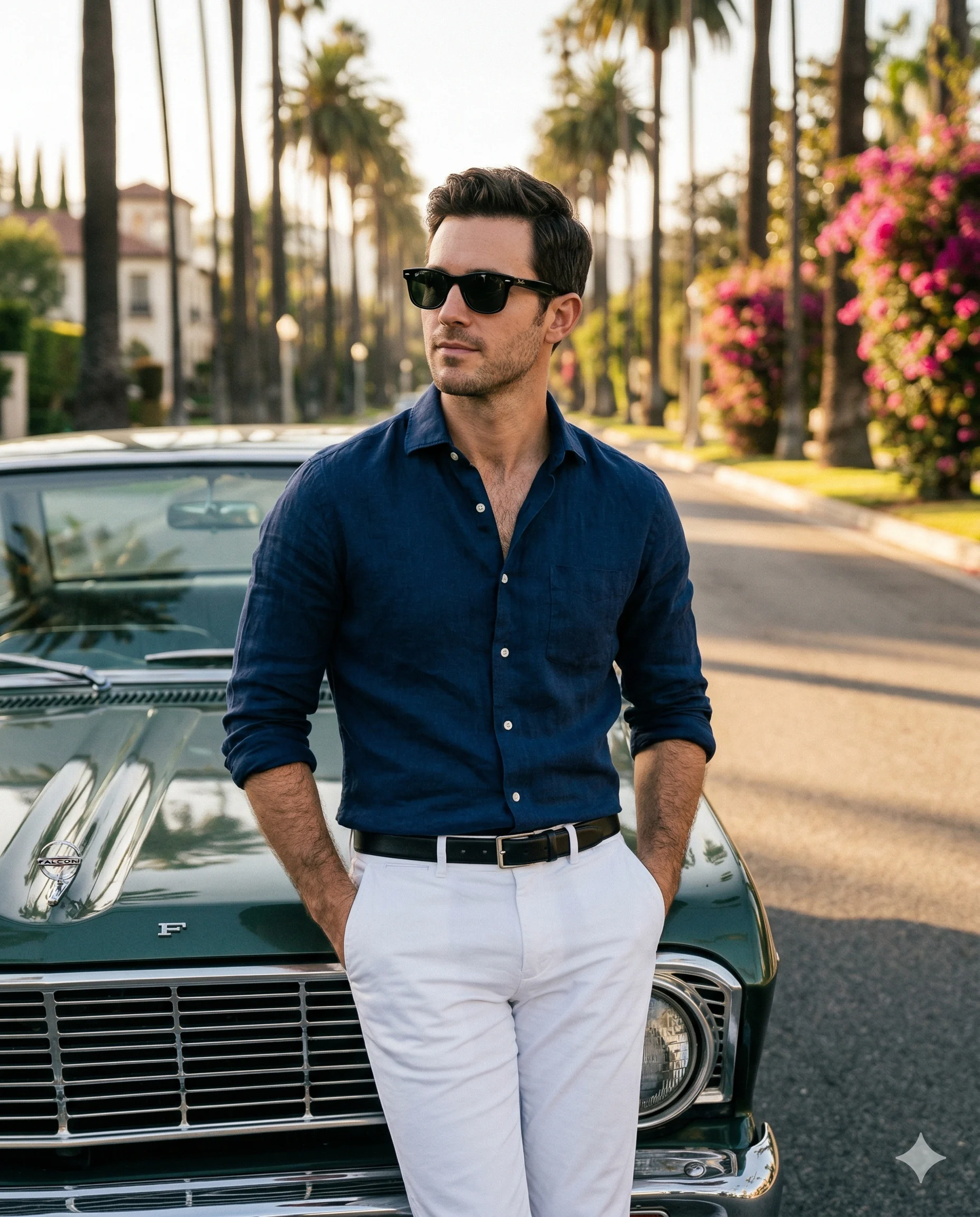 Cinematic Male Portrait Prompt | Man Leaning on Green Car