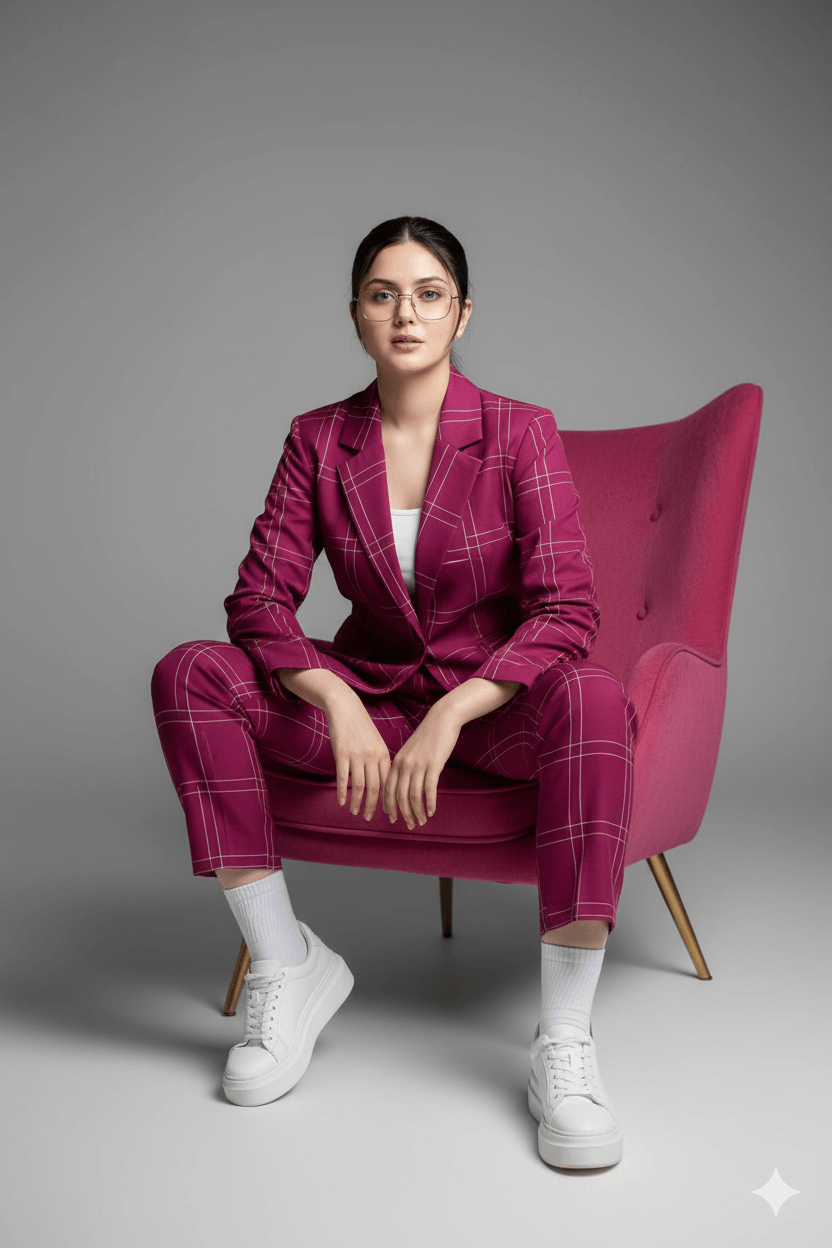 The Pink Plaid Power Suit AI Photo Editing Prompt for Gemini