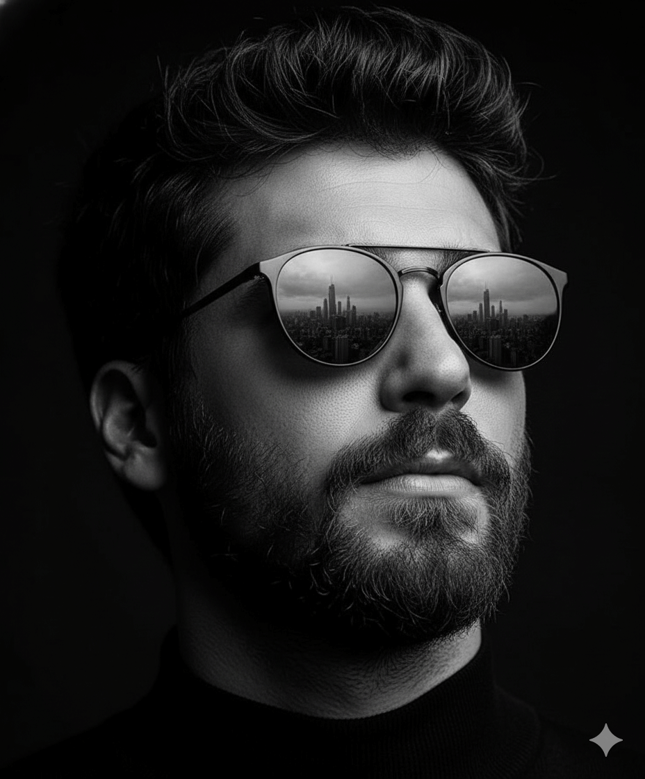 Reflective black-and-white portrait AI Photo Editing Prompt for Gemini