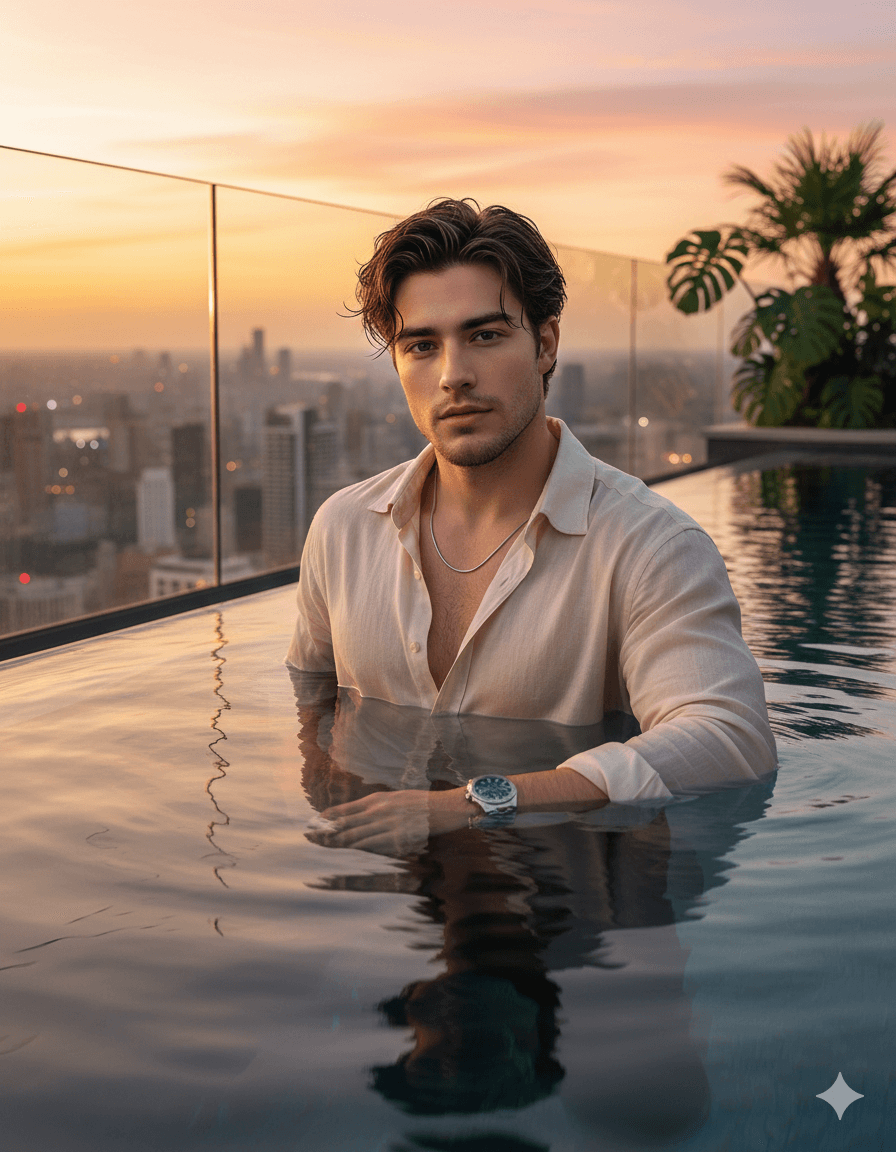 Sunset infinity pool elegance AI Photo Editing Prompt for Gemini