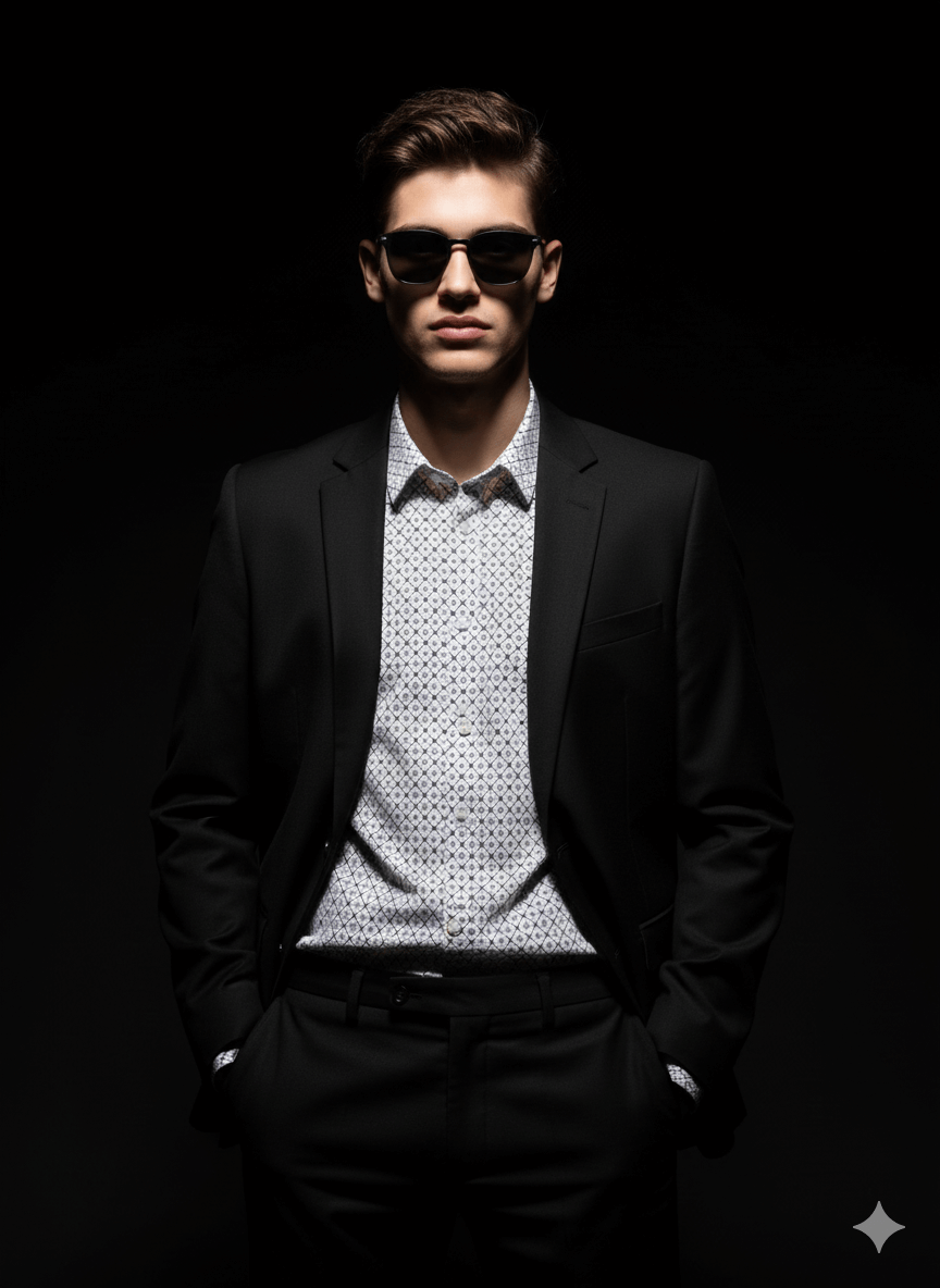 Confident man in suit and shadows AI Photo Editing Prompt for Gemini