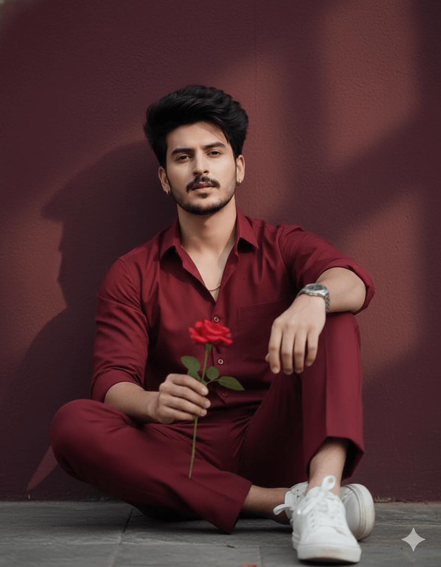 Solid deep wine-colored wall AI Photo Editing Prompt for Gemini