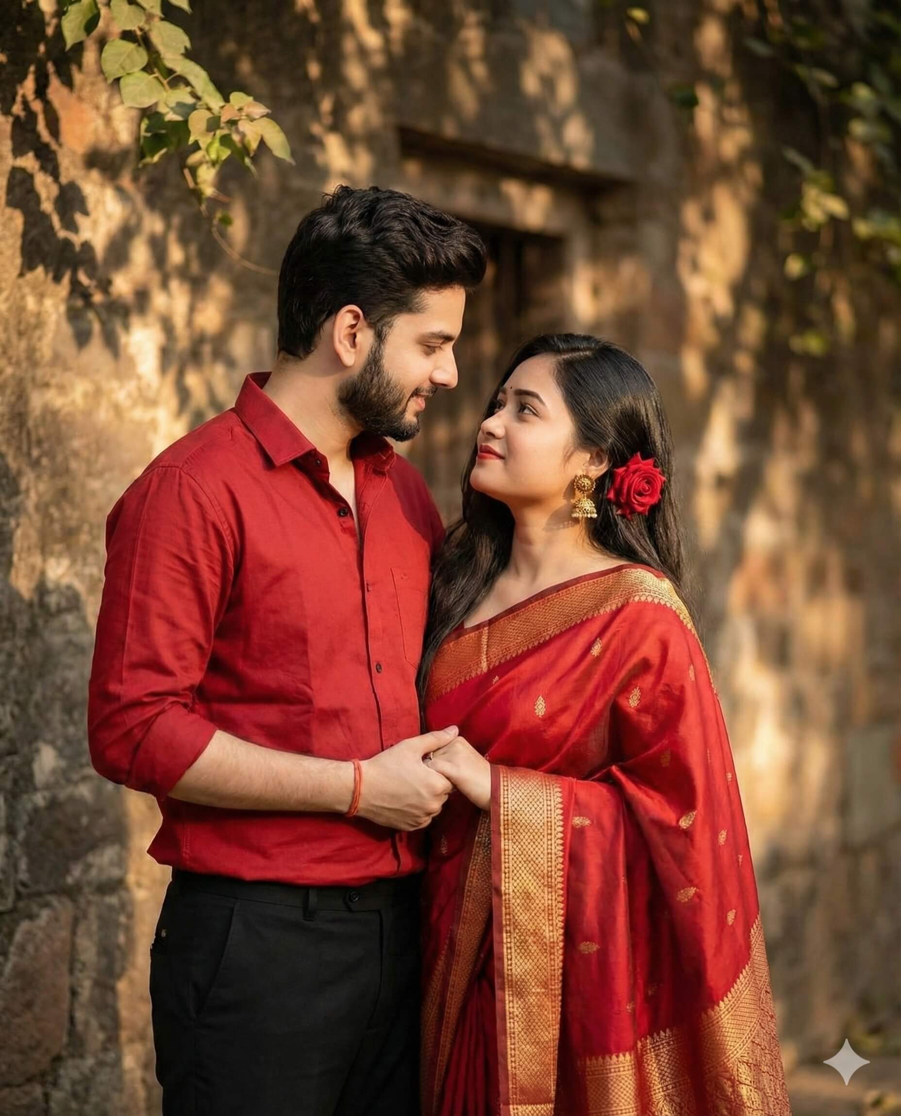 Romantic Indian Couple in Red Saree and Red Shirt AI Image Prompt