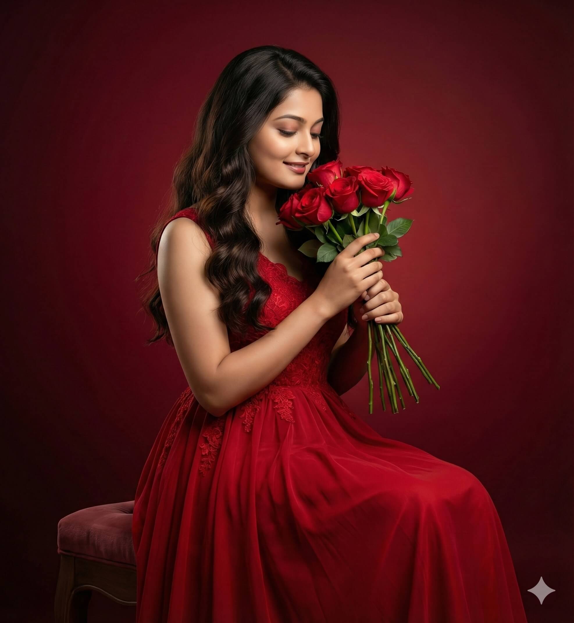 Cinematic Portrait Prompt | Woman In Red Gown With Roses
