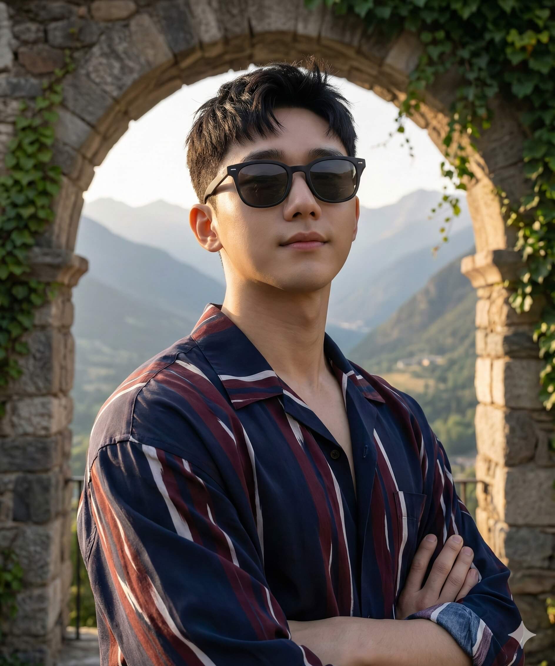 Arched frame, striped shirt AI Photo Editing Prompt for Gemini