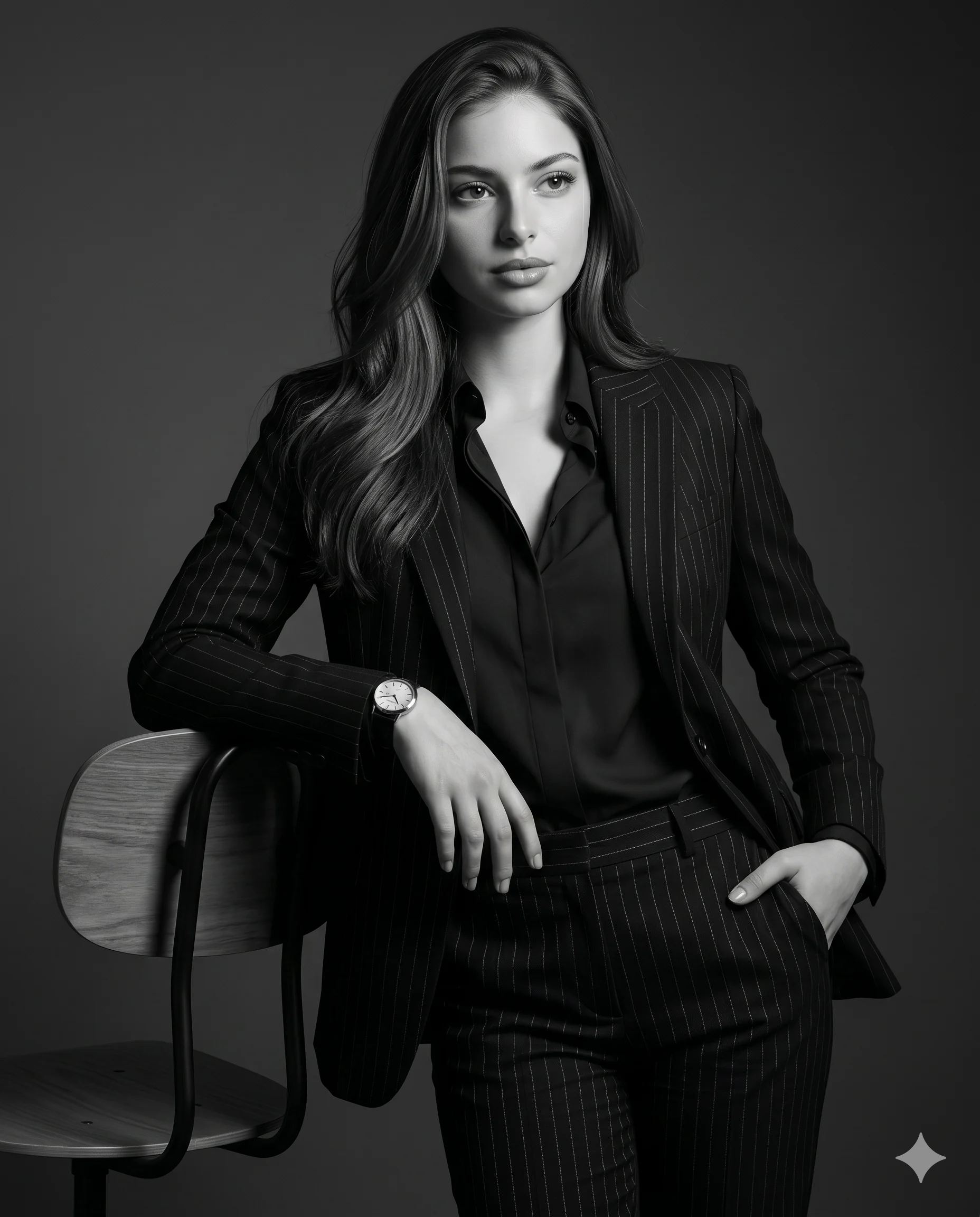 Professional Woman in Pinstripe Suit AI Prompt. AI generated monochrome studio portrait of a young woman in a dark pinstripe suit leaning against a chair.
