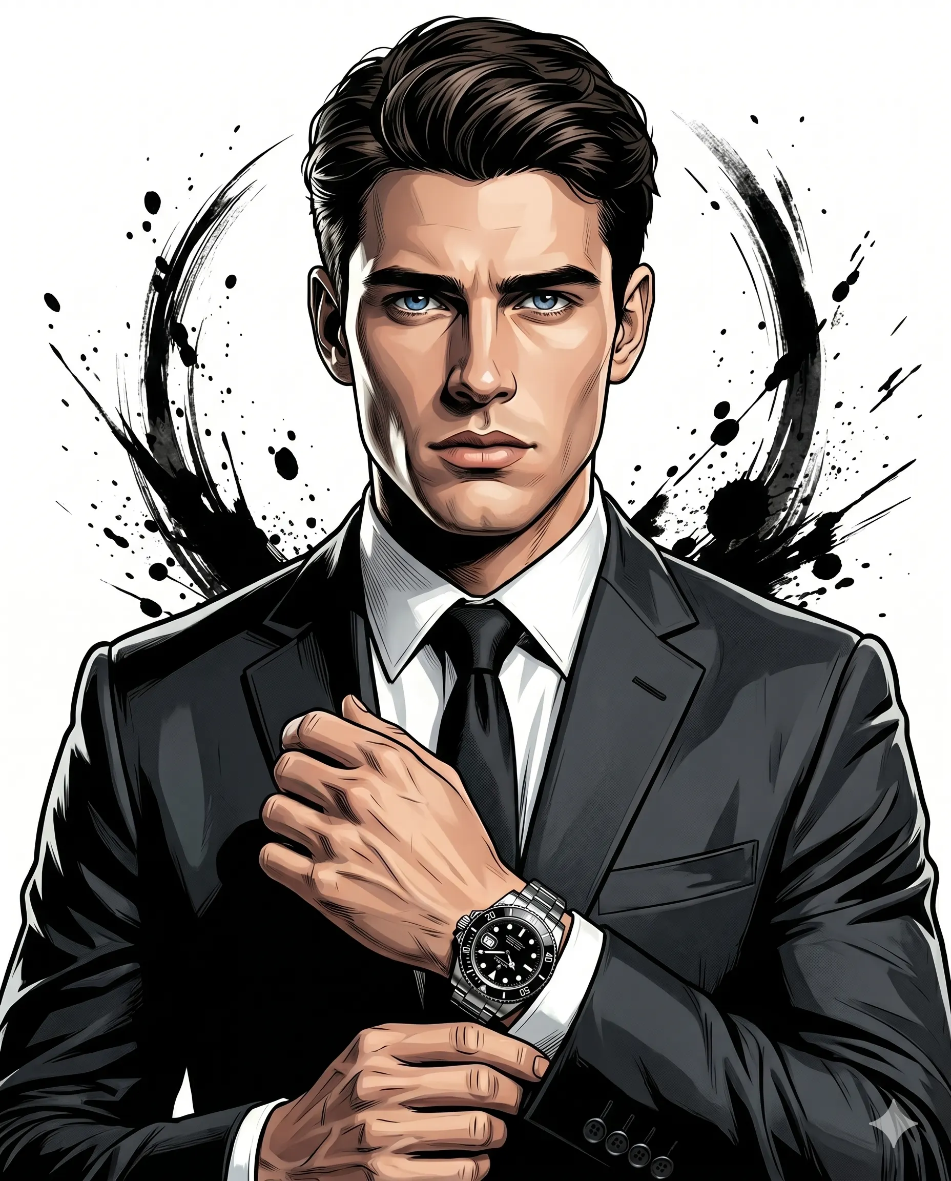 AI generated digital illustration portrait of a handsome man in a suit and tie adjusting his watch against a black ink splatter background.