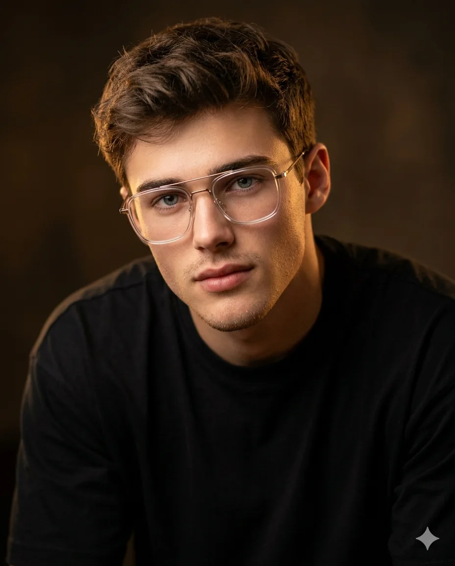 AI generated studio portrait of a young man wearing clear-framed glasses and a black t-shirt against a warm dark background.
